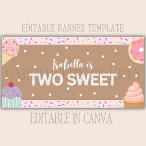 Banner de cumpleaños "Dos dulces" / Banner editable de Canva para el segundo cumpleaños de un niño pequeño / Tema grande de dona con helado / Diseño de 30 x 60