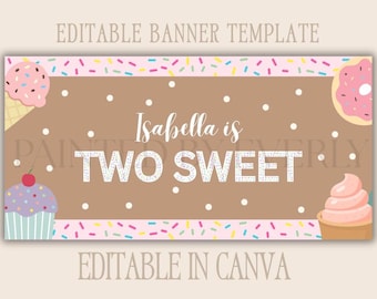 Twee lieve verjaardagsbanner | Bewerkbare canvas banner voor peuter 2e verjaardag | Groot DIY-donutijsthema | 30 x 60 lay-out