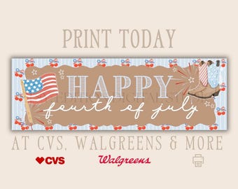 Baner na Czwartego Lipca | 2x6 do druku | Edytowalny w Canva | Dekoracje patriotyczne | Impreza z okazji Czwartego Lipca | Gotowe do Walgreens, CVS