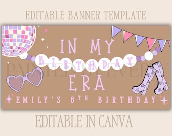 Sjabloon voor spandoek In mijn verjaardag tijdperk, trace to Paint verjaardagsbanner, banner voor meisjesverjaardagsfeestje, bewerkbare canvas DIY-sjabloon voor spandoek, disco