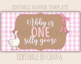 Sjabloon voor spandoek verjaardag één domme gans | Eerste verjaardagsdecoratie roze gans | Bewerkbare canvas DIY-feestbanner | 30 x 60 lay-out