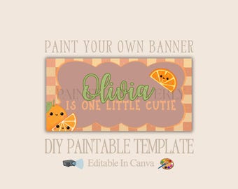 Sjabloon voor spandoek One Little Cutie | Bewerkbare canvas citrusoranje eerste verjaardagsbanner | Grote banner voor zelfgemaakt feest | 30 x 60 lay-out