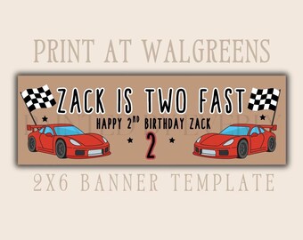 Two Fast Birthday Banner Walgreens 2x6, Race Car 2nd Birthday Banner, Editable Canva Banner, Two Fast Party Decor, Boy Birthday Banner
