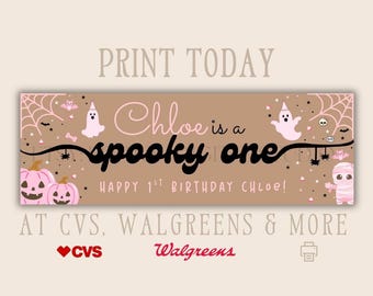 Spooky One 1st Birthday Banner | 2x6 Template | Editable Canva Template | Pink Halloween Party | Girl Ghost Birthday | CVS Walgreens Ready