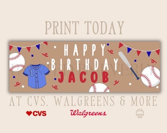 Honkbal verjaardag banner afdrukken bij Walgreens 2 x 6 afdrukbare jongen verjaardag banner bewerkbare canvas sjabloon sport partij banner