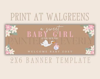 Sjabloon voor spandoek babyshower | Spandoek van 2 x 6, spandoek babyshower ooievaar | Afdrukbare babybanner | Bewerkbare canvasbanner | Een lieve baby