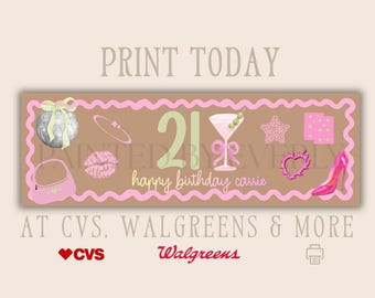 Roze verjaardagsbanner | 2 x 6 afdrukbaar | Bewerkbaar in canvas | Elke leeftijd Verjaardag | Thema disco martini | Walgreens, klaar voor CVS