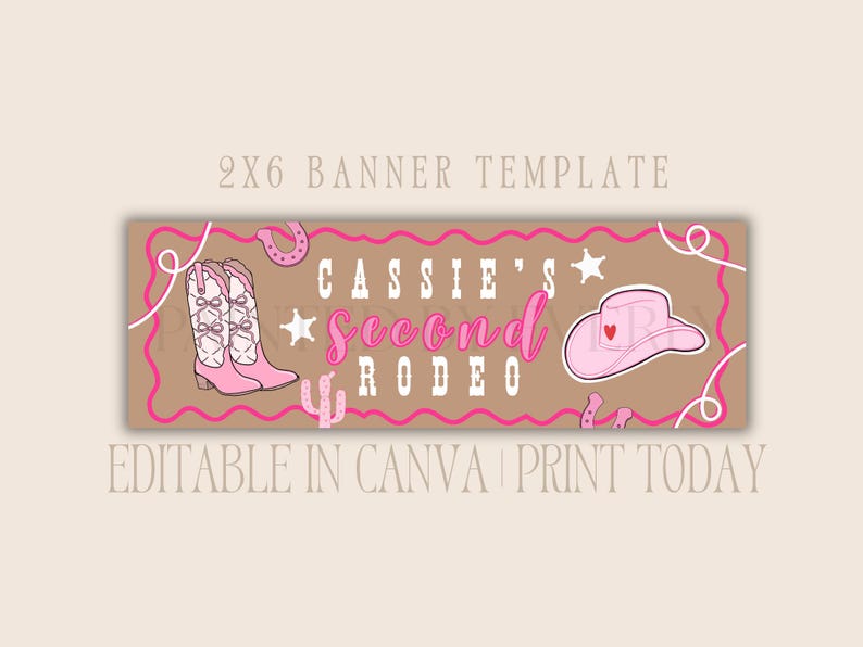 Puede incluir: Plantilla de banner con fondo marr&oacute;n y detalles en rosa. El banner presenta ilustraciones de botas de vaquero, una herradura, un sombrero y un cactus. El texto dice "CASSIE'S second RODEO". El banner est&aacute; etiquetado como "2X6 BANNER TEMPLATE".