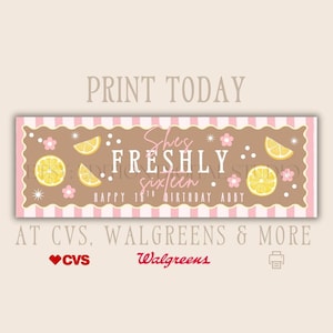 May include: A rectangular banner with a brown center and pink and white striped border. The text reads "She's FRESHLY sixteen" and "HAPPY 16TH BIRTHDAY ABBY". The design features yellow lemon slices, small pink flowers, and white dots.