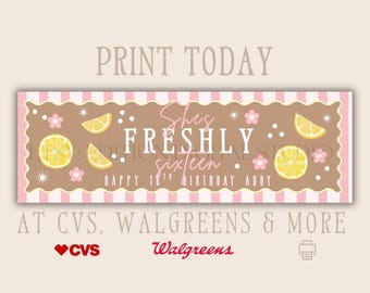 Shes Freshly Age Banner | 2x6 Template Banner | Editable in Canva Template | Any Age Birthday | Pink Lemon Party | Walgreens, CVS Ready