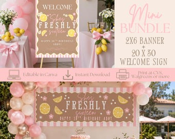 Shes Freshly Age MINI Bundle | 2x6 Banner & 20x30 Welcome Sign | Editable in Canva | Any Age Birthday | Lemon Theme | Walgreens, CVS Ready