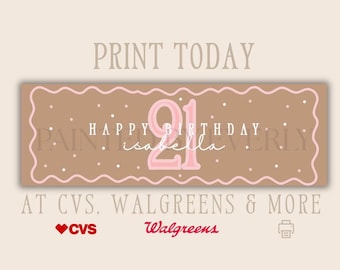Sjabloon voor spandoek 21e verjaardag | Bewerkbaar canvas | Afdrukbare banner van 2 x 6 | Afdrukken bij Walgreens, CVS | Aangepaste naambanner | Neutraal roze verjaardag