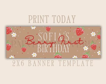Sjabloon voor spandoek eerste verjaardag Berry | 2 x 6 spandoek | Bewerkbare canvasbanner | Afdrukbare banner voor verjaardagsfeestje | Direct downloaden | AFDRUKBAAR