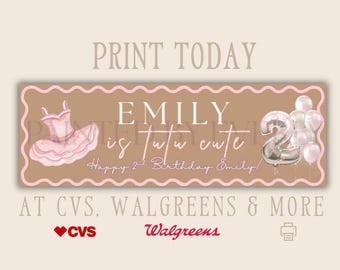 Sjabloon voor spandoek Tutu 2e verjaardag, roze ballerina banner, Walgreens 2 x 6 afdrukbare banner, bewerkbare Canva Girl Party Decor