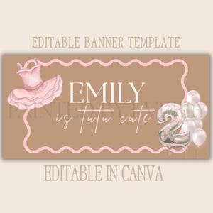 Plantilla de pancarta de cumpleaños con tutú / Banner editable en Canva para fiesta de segundo cumpleaños de niña / Banner grande para fiesta DIY / Diseño de 30 x 60