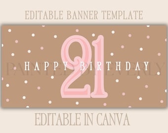 Sjabloon voor spandoek 21e verjaardag | Bewerkbaar canvas | Sjabloon voor spandoek verjaardag voor volwassenen |  DIY roze stippenbanner | 30 x 60