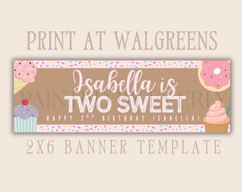 Sjabloon voor spandoek twee zoete verjaardag, donut verjaardag banner, decor 2e verjaardag meisje, Walgreens 2 x 6 banner, bewerkbaar Canva Party-bord