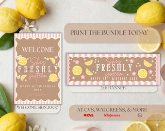 Shes Freshly Age-bundel | Afdrukbaar 2 x 6 en welkomstbord van 20 x 30 | Bewerkbaar in canvas | Elke leeftijd Verjaardag | Citroenthema | Walgreens, klaar voor CVS