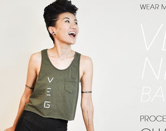 Vegan Shirt: Ladies Khaki Green Cropped Tank - LOVE PEACE VEGAN