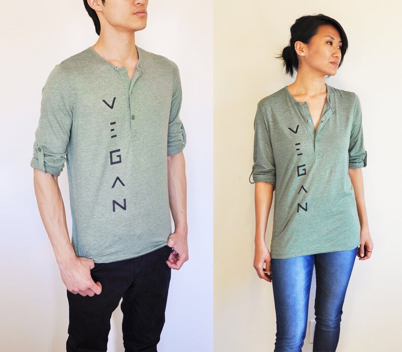 Vegan Clothing : Unisex Grey-Green Henley Shirt Size S image 1