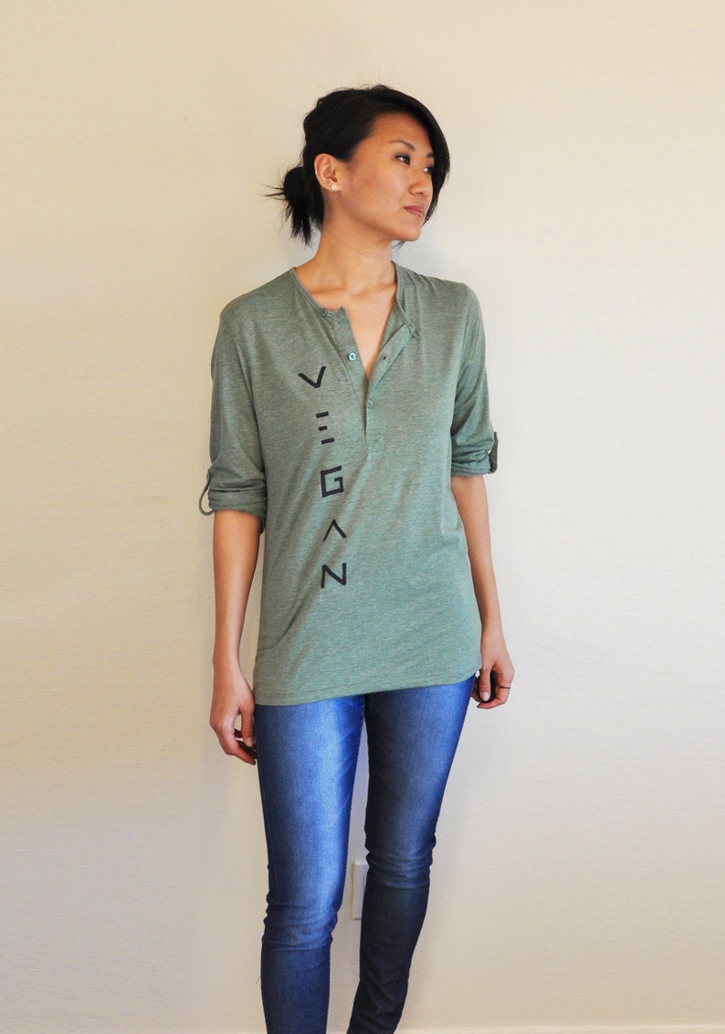 Vegan Clothing : Unisex Grey-Green Henley Shirt Size S image 4