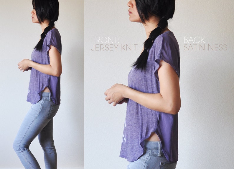 Vegan Clothing: Purple Split-Fabric Top Size M image 3