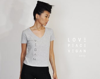 Vegan Shirt: Ladies Gray Deep V-Neck Top - LOVE PEACE VEGAN