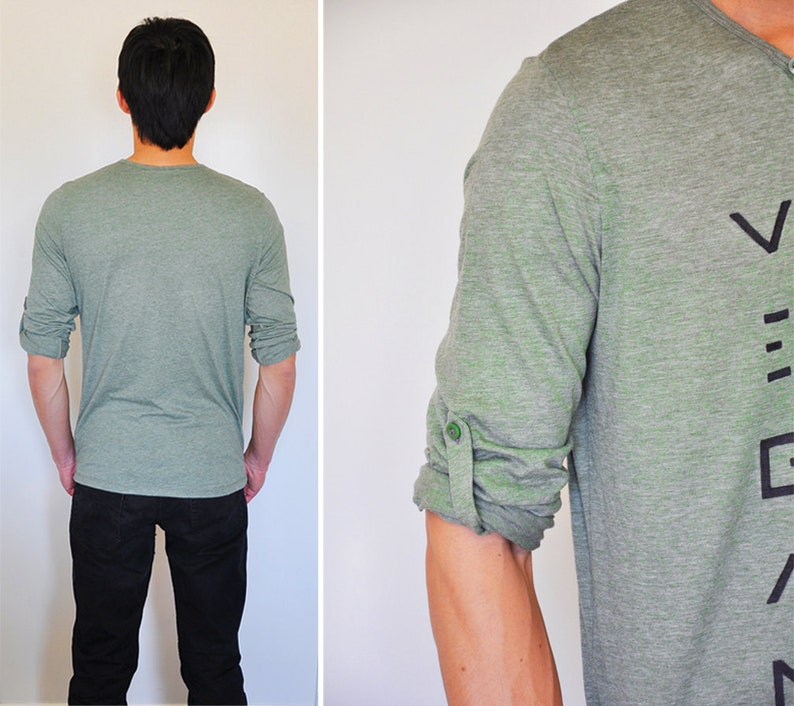 Vegan Clothing : Unisex Grey-Green Henley Shirt Size S image 3