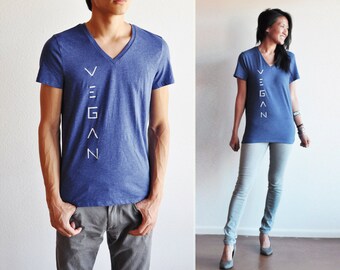 Vegan / Veg Shirt: Unisex Blue V-Neck Shirt - LOVE PEACE VEGAN