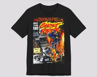 Vintage Flame Skull Motorcycle Comic Cover T-shirt: 90s Cartoon Graphic Tee
