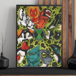 May include: A framed artwork featuring a collage of colorful cartoon characters. The characters are arranged around a central green emblem. The artwork is set against a speckled green background and framed in black.
