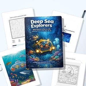 May include: A children's activity book titled "Deep Sea Explorers" with a submarine illustration. The book includes word searches, colouring pages, and puzzles. Additional pages with illustrations and text are also visible.