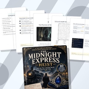 May include: A book titled The Midnight Express Heist, a Victorian mystery word search adventure for adults, featuring a train and a blue gemstone on the cover, displayed with several interior pages showing contents, instructions, and word puzzles.