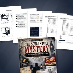 May include: The Square Mile Mystery: A Victorian Crime Investigation dossier featuring 10 immersive cases, word search puzzles, and coloring pages. The cover displays a London street scene with Big Ben, and several internal puzzle pages are visible.