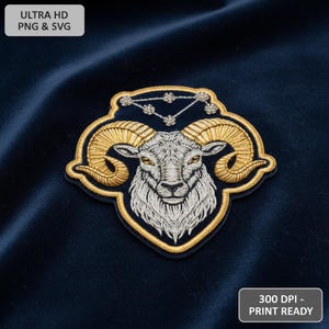 May include: Embroidered patch depicting a ram's head with gold horns and a silver face, on a navy blue backdrop. The patch includes the text "ULTRA HD PNG & SVG" and "300 DPI - PRINT READY".