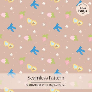 May include: A seamless digital pattern on a light brown background featuring repeating illustrations of pink strawberries, blue ribbons, white flowers, and yellow heart-shaped lockets containing a small brown bear graphic. Text reads Kiwii Palette.