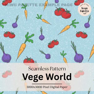 Może przedstawiać: Bezszwowy wzór z ręcznie rysowanymi ilustracjami marchewek, pomidorów i cebuli na jasnoniebieskim tle. Projekt zawiera tekst "Vege World" i "3000x3000 Pixel Digital Paper".
