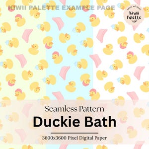 May include: A digital paper design featuring a repeating pattern of yellow rubber ducks wearing hats and pink bath towels on a light yellow, blue, and white background. The text "Duckie Bath" is displayed.