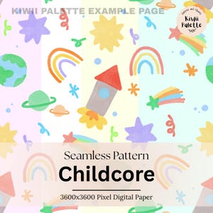 May include: A seamless pattern with a childlike space theme. The design features rockets, planets, stars, rainbows, and other celestial elements in pastel colors. The text "Childcore" is displayed in a bold font, with the text "3600x3600 Pixel Digital Paper" below it.
