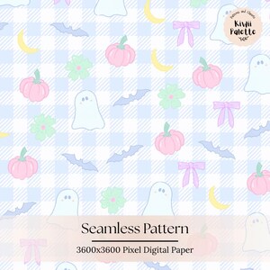 May include: A seamless digital paper pattern featuring pastel pink pumpkins, light blue ghosts, lavender bats, yellow crescent moons, light green flowers, and lavender bows on a light blue and white gingham background with Kiwii Palette text.