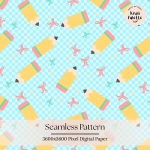 Peut inclure: Un motif numérique sans couture avec des crayons jaunes à gommes roses et de petits nœuds bleu sarcelle sur un fond à carreaux bleu clair. L'image inclut un logo circulaire avec le texte Kiwii Palette et Seamless Pattern 3600x3600 Pixel Digital Paper.