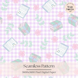 Peut inclure: Un motif numérique sans couture représentant des livres ouverts, des piles de livres attachés avec des rubans et de petites fleurs roses sur un fond vichy violet clair. Le design inclut le texte Kiwii Palette, Seamless Pattern et 3600x3600 Pixel Digital Paper.