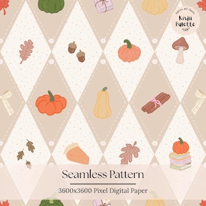 May include: A seamless digital paper pattern featuring a beige diamond grid with white dotted lines. The design includes illustrations of orange pumpkins, yellow gourds, brown acorns, oak leaves, mushrooms, cinnamon sticks, and books. Text reads Kiwii Palette.