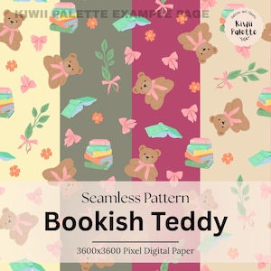 以下が含まれることがあります： Bookish Teddyと題されたシームレスなデジタルペーパーパターン。ピンクのリボンをつけた茶色のテディベア、カラフルな本の山、緑の葉の枝、小さなオレンジ色の花が、黄色、灰色、マゼンタの垂直ストライプ上に配置されています。