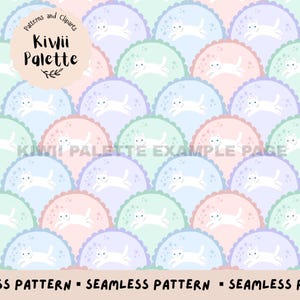 Puede incluir: Patrón sin costuras con círculos festoneados repetidos en colores pastel rosa, azul y verde. Cada círculo contiene un gato blanco saltando con estrellas. El texto "Kiwii Palette" es visible.