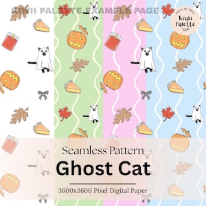 Halloween Seamless Pattern Commercial Use, Ghost Cat Fabric Design, Kawaii Fall Autumn, Hand-drawn pattern 12x12"