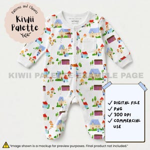 Puede incluir: Mono blanco para bebé con un colorido estampado de pueblo. La prenda de manga larga presenta una parte delantera abotonada, un pequeño bolsillo y un encantador estampado de casas, árboles y otros edificios. El texto "Kiwii Palette" es visible.
