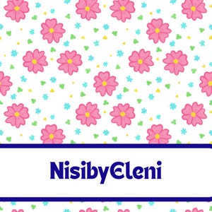 May include: A white background with a repeating pattern of pink flowers with yellow centers, blue stars, and green and yellow accents. The text "NisibyEleni" is displayed in a blue rectangle at the bottom.