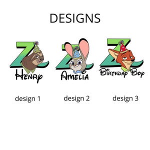 K&ouml;nnte beinhalten: Drei grafische Designs mit der Beschriftung DESIGNS, design 1, design 2 und design 3. Jedes zeigt ein gr&uuml;nes Z, ein Zeichentricktier mit Partyhut und Text: Henry, Amelia oder Birthday Boy. Die Tiere sind ein Faultier, ein Hase und ein Fuchs.