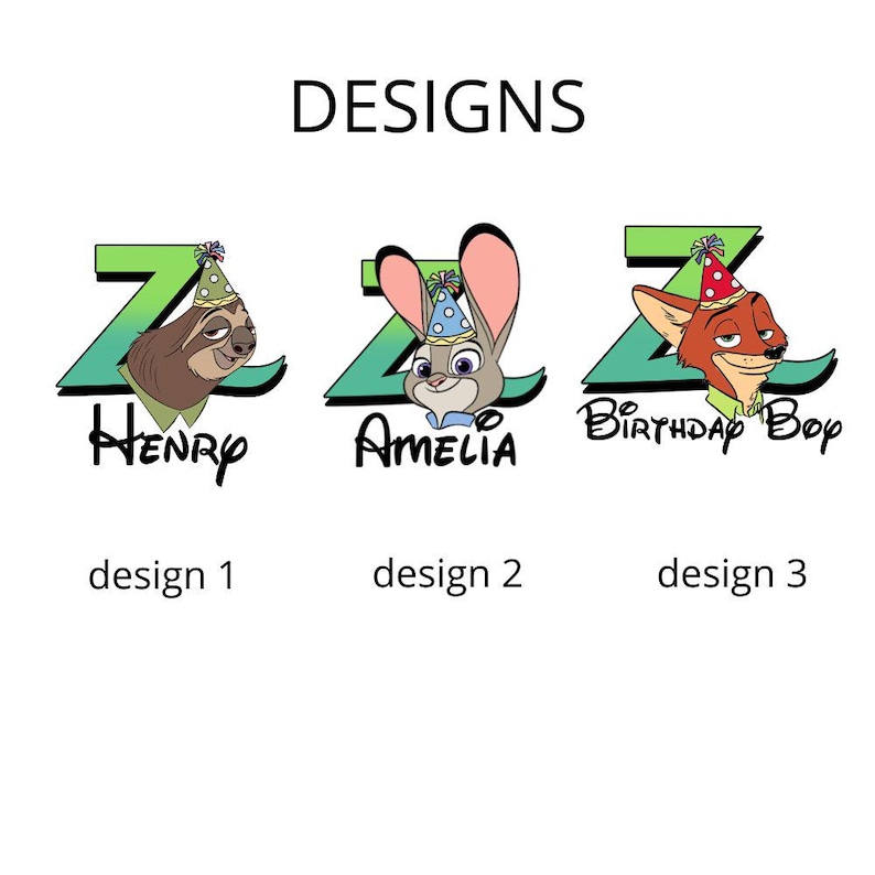 K&ouml;nnte beinhalten: Drei grafische Designs mit der Beschriftung DESIGNS, design 1, design 2 und design 3. Jedes zeigt ein gr&uuml;nes Z, ein Zeichentricktier mit Partyhut und Text: Henry, Amelia oder Birthday Boy. Die Tiere sind ein Faultier, ein Hase und ein Fuchs.
